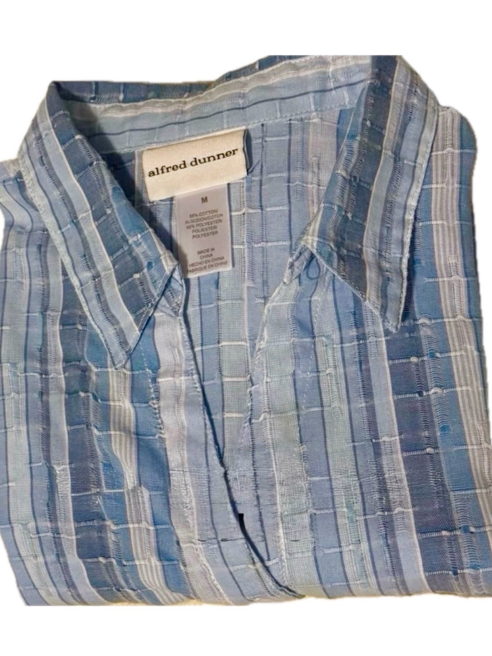 Striped Blue Textured Women’s Button Top sz M Alfred Dunner